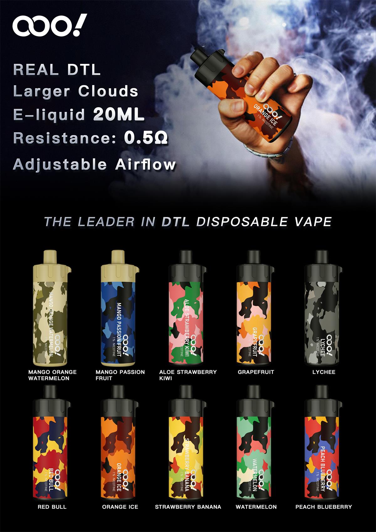 OOO DL DTL Disposable Vape POD 20ml 25ml 12000 puffs free base with large clouds and MOD nozzle India